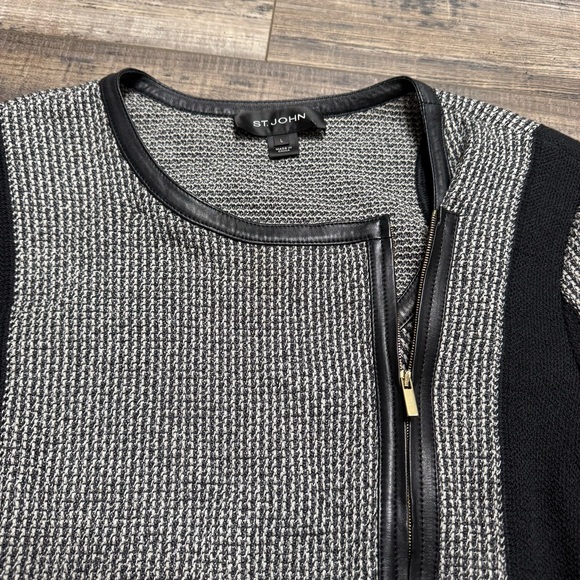 St. John Women's Santana Knit Tweed Side Zip Up Jacket Leather Trim Large - Picture 2 of 9